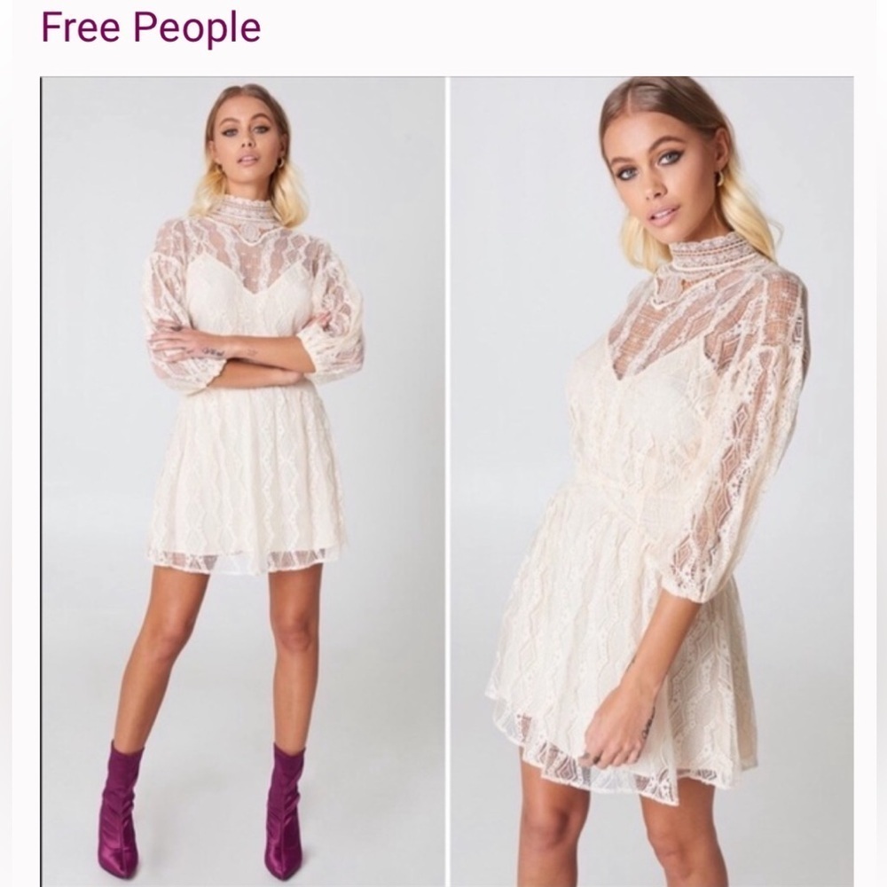 NWT Free People Bittersweet Lace Boho Highneck Ivory Mini Dress Size 12